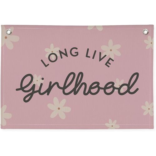 Long Live Girlhood Linen Banner Hanging Pink Flag Flower Banner for Nursery Playroom Wall Decor for Kids Bedroom Living Room Dorm Toddler Decorations Trendy Room 30x20 In (Girlhood)