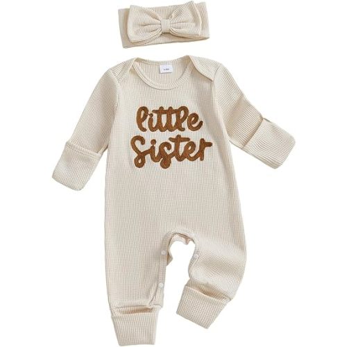 allshope Infant Baby Girl Fall Outfit Sweatshirt Romper Little Sister Lil Sis Long Sleeve Jumpsuit Newborn Clothes