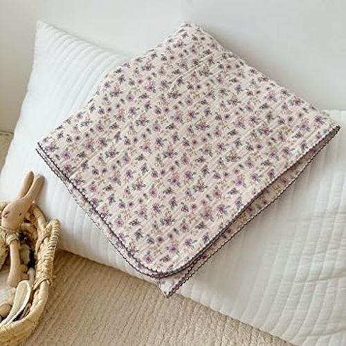 BuLuTu Muslin Cotton Toddler Blanket for Crib, Shabby Chic Purple Floral Print, Large Crib Blanket 47x51 Inch, Cottage Baby Quilt for Unisex Boys Girls Gifts, Soft Lightweight