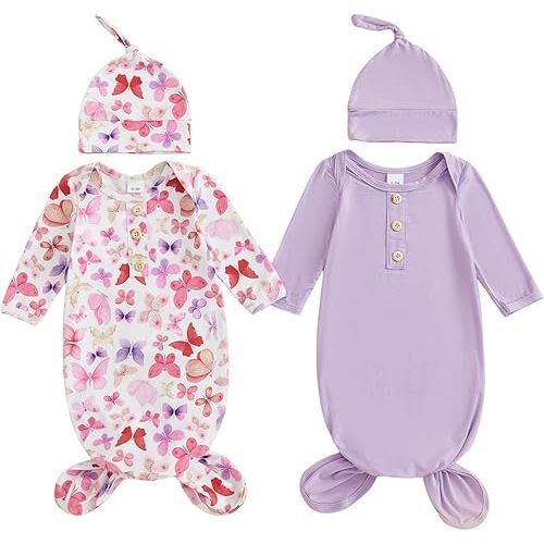 woshilaocai 2 Pack Baby Boy Girl Gown Sleeper Newborn Knotted Nightgown and Hat Set Infant Sleepwear