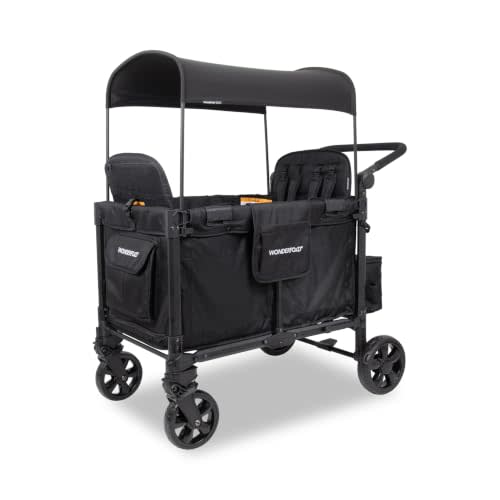 WonderFold W4 Elite Pro Stroller Wagon - Foldable Wagon with Aluminum Frame - Adjustable Canopy & Push Handle - All-Terrain Wheels - for Babies, Toddlers & Kids - 4 Seater - Jet Black