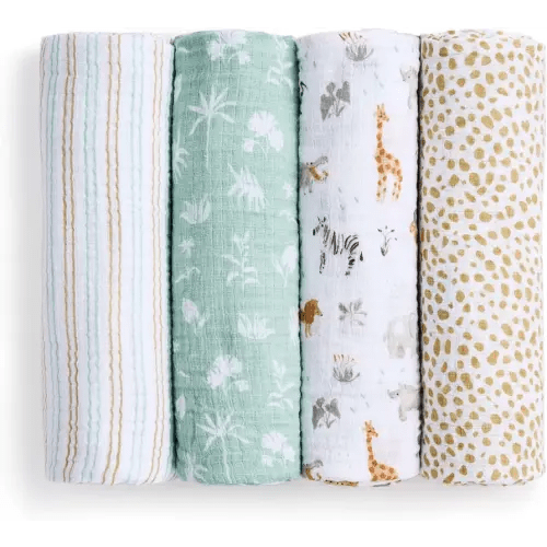 aden + anais Essentials Cotton Muslin Swaddle, Breathable Baby Blanket, Ideal for Boys, Girls, Newborns, Babies & Infants, Receiving Blanket, Soft and Lightweight Wrap, 4 Pack, Giraffe Safari