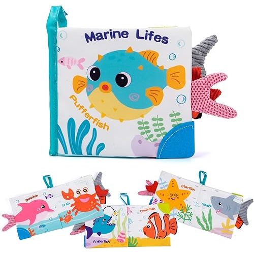 Love&Mini Baby Cloth Book Toys - Ocean Shark Crinkle Book with Teether, Touch & Feel Soft Books for Babies 6+ Months, Sensory Early Learning Toys, Baby Shower Gifts for Boys & Girls