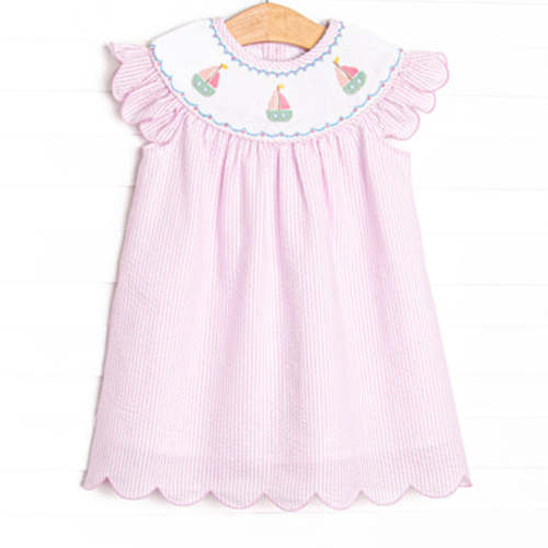 Coastal Cruise Smocked Bishop Dress, Pink Seersucker 12M– Stitchy Fish