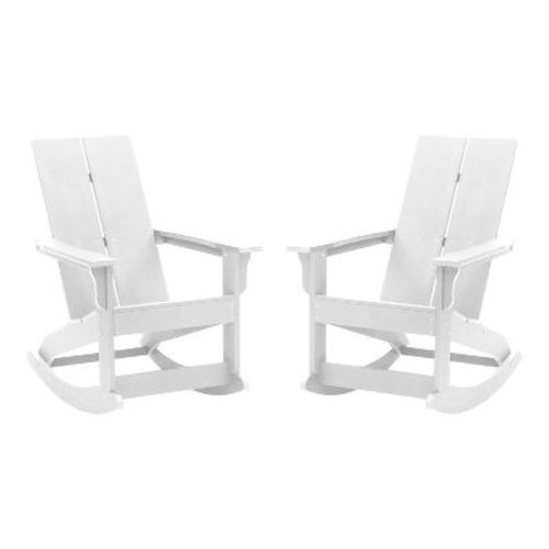 Emma and Oliver Set of 2 Modern All-Weather White Poly Resin Adirondack Rocking Chairs for Indoor/Outdoor Use
