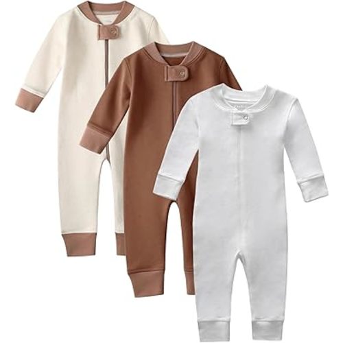 Owlivia Organic Cotton Baby Boy Girl 3-Pack Zip up Sleep 'N Play Pjs, Footless, Long Sleeve