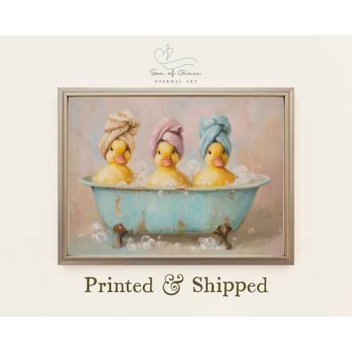 Vintage Ducklings in Bathtub Oil Painting: Whimsical Nursery Art Print