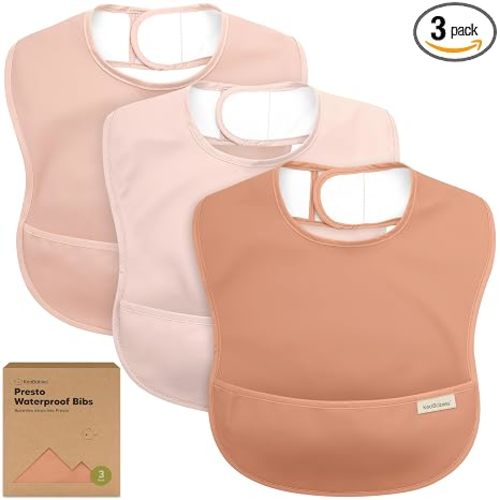 KeaBabies 3-Pack Waterproof Baby Bibs for Eating, Lightweight, Fawn