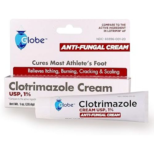 Globe Clotrimazole Antifungal Cream 1% USP (1 oz), Anti Fungal Treatment, Relieves Itching, Burning, Cracking and Scaling Associated Athletes Foot, Jock Itch, Ringworm and More