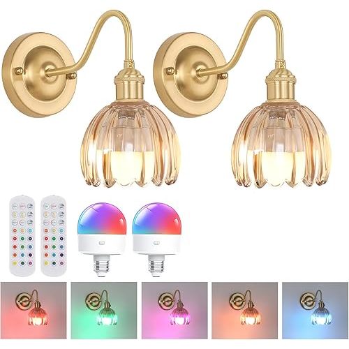 Vintage Battery Operated Wall Sconce Set of 2, 5000mAh Rechargeable Wall Light, Indoor Battery Powered Wall Lamp for Bedside Bedroom Living Room, Tulip Amber