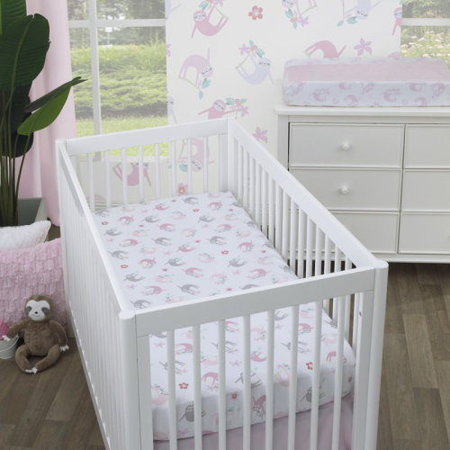 Indigo Safari Little Love by NoJo Tropical Garden Pink, Grey, and White Jacqueline Sloth Super Soft Fitted Crib Sheet | Wayfair