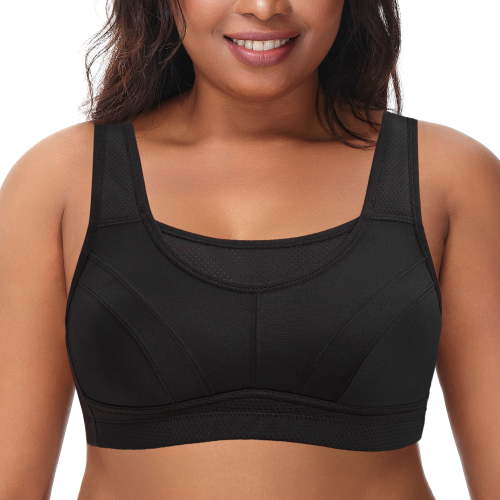 Deyllo Women's Wireless Non-Padded Sports Bra, High Impact Full Support, Plus Size Activewear, Black 44DD