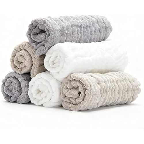 Organic Muslin Baby Washcloths 6 Pack Baby Bath Face Towel 12x12 Inch Extra Absorbent and Soft Burp Cloth and Wash Cloths for Newborn-Infants On Sensitive Skin (White Grey Brown)