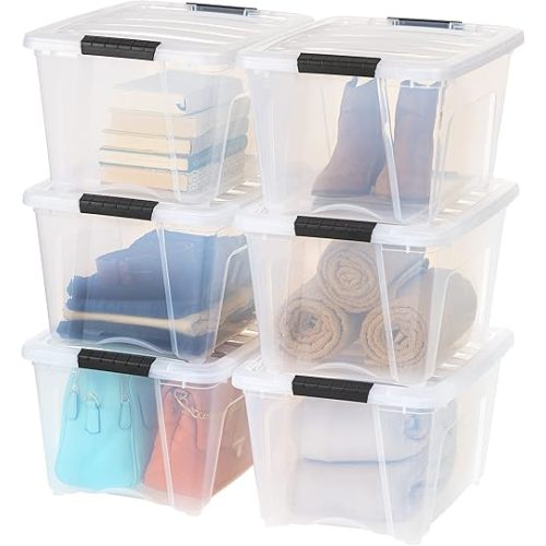 IRIS USA 32 Qt Stackable Plastic Storage Bins with Lids, 6 Pack - BPA-Free, Made in USA - See-Through Organizing Solution, Latches, Durable Nestable Containers, Secure Pull Handle - Clear