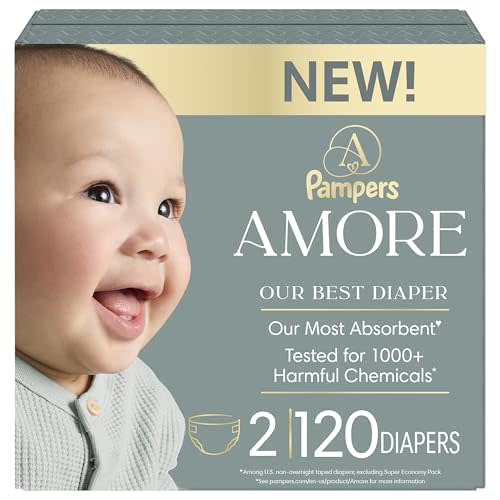 Pampers Amore, Size 2 (10-22 lbs), 120 Count, Our Best Diaper – Hypoallergenic & Fragrance Free, Up to 100% Leakproof, Soft as Cashmere