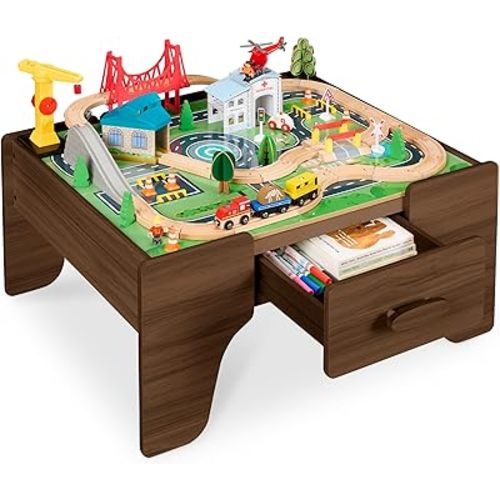 Best Choice Products 32-Inch Wooden Train Table for Kids Ages 3+, Walnut