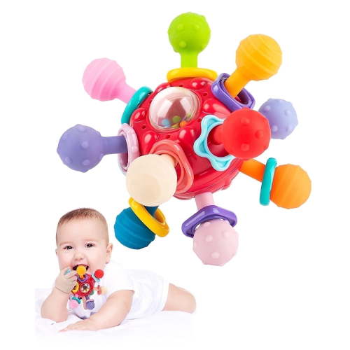 Vanmor Baby Sensory Teething Balls, Silicone Rattle Chew Toys, Infant Teether 0-18 Months, Easy-to-Clean, Red
