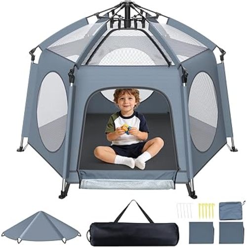 Pop Up Playpen for Baby - Instant Setup Portable Playard with UV Canopy & Mosquito Net - Indoor Outdoor Travel Crib with Carry Bag Grey