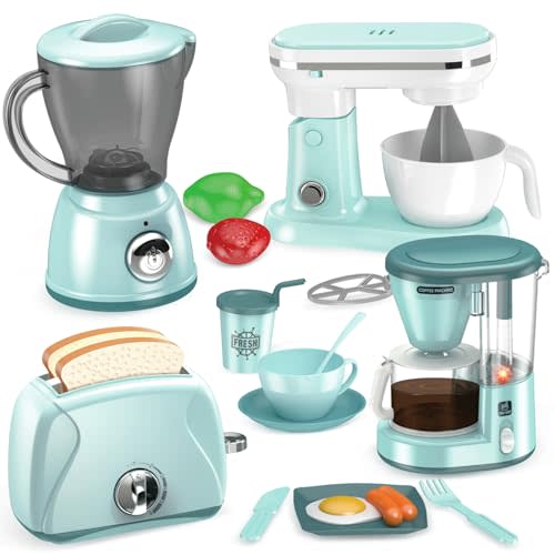 Shemira Play Kitchen Accessories, Pretend Kitchen Appliances Toy Set with Coffee Maker, Blender, Mixer, Toaster, Toys for 3 4 5 6 7 8 Year Old, Birthday Gifts for Kids Age 3-5 4-6 6-8 Girls