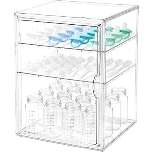 Baby Bottle Storage Organizer for Countertop with 2 Adjustable Dividers | 3-Tier Clear Acrylic Bottle Station Holder for Baby Pacifier, Pump Parts, Kitchen, Bathroom, Cabinet, Gifts for New Mom