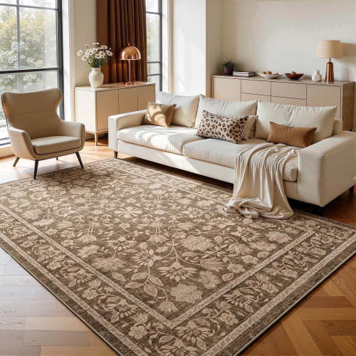 Toyoso 6x9 Ornate Floral Area Rug, Traditional Mocha Brown & Cream Large Indoor Carpet, 0.25" Slim Machine Washable Rug, Non-Slip Stable Floor Cover for Modern Living Room and Apartment