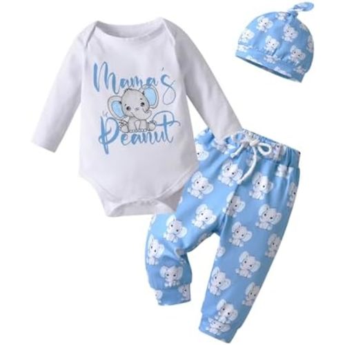 Kulcerry Newborn Infant Baby Boy Clothes Long Sleeve Mama's Peanut Bodysuit + Elephant Print Pants + Hat Outfits Set