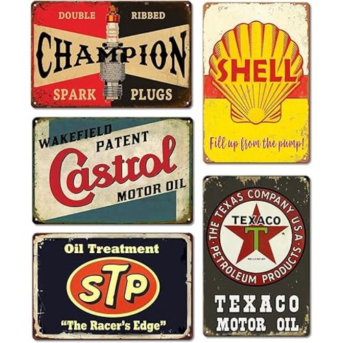 Vintage Metal Tin Signs Retro Garage Signs For Men Wall Decorations Old Car Shop Posters Oil And Gas Station Sign Man Cave Decor 5 Pces 8×12 Inch