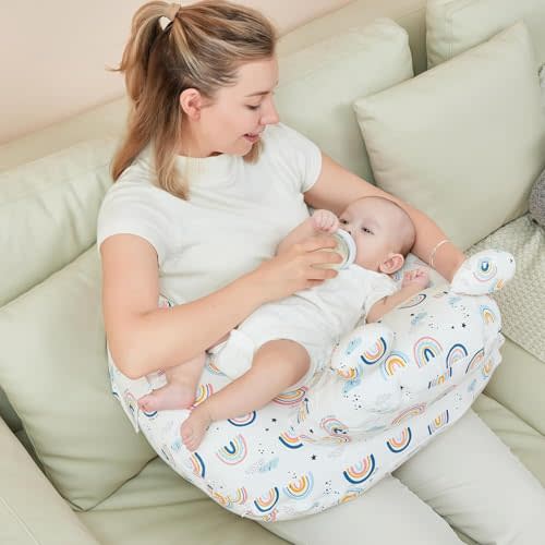 POVENK Nursing Pillow for Breastfeeding, Soft Cotton Wider Feeding Pillows for More Support for Mom & Baby, Breastfeeding Essentials for Newborn, Removable Cotton Cover(Rainbow)