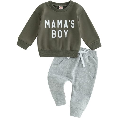 Toddler Baby Boy Clothes Mamas Boy Fall Winter Outfit Long Sleeve Letter Sweatshirt Plaid Jogger Pants Newborn Set