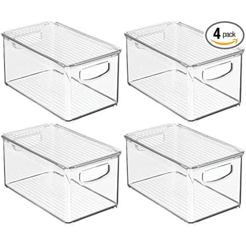 mDesign Plastic Deep Storage Bin Box Container with Lid and Built-In Handles - Organization for Fruit, Snacks, or Food in Kitchen Pantry, Cabinet, or Cupboard, Ligne Collection, 4 Pack, Clear