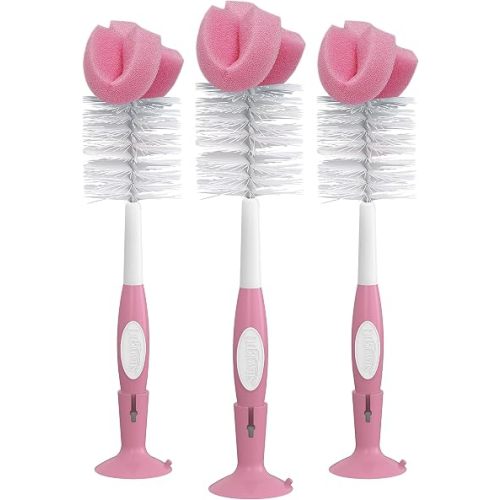 Dr. Brown's Reusable Sponge Baby Bottle Cleaning Brush Set with Suction Cup Stand, Scrubber and Nipple Cleaner, Pink (Pack of 18)