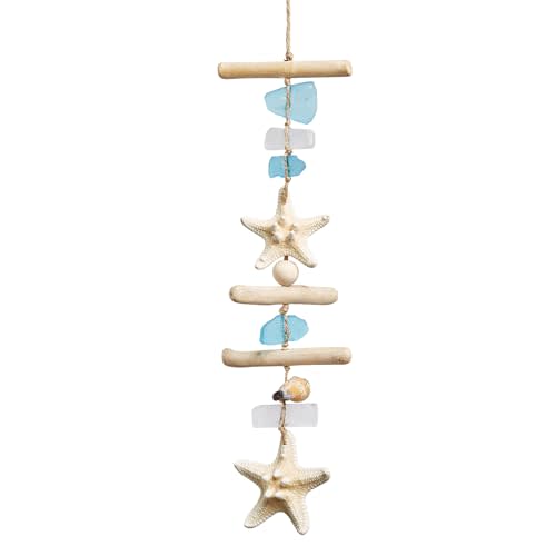 JQAQJU Sea Glass Wooden Nautical Wall Decor, Coastal Starfish Bathroom Decor Sea Shells, Driftwood Beach Room Decor for Home Indoor Outdoor, Coastal Wall Art for Living Room, Bedroom and Dining Room
