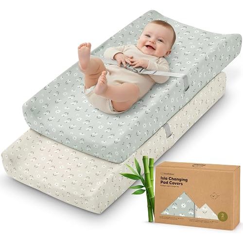 2-Pack Baby Changing Pad Cover for Girl, Boy - 34x18 Soft Viscose Derived from Bamboo Baby Diaper Changing Table Pad Cover Sheets, Neutral, Snug Fit Nursery Diaper Change Sheets (Daisies)