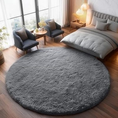 Ultra Soft Grey Round Rugs 6Ft Plush Shag Fuzzy Circle Area Rugs for Boys Bedroom Fluffy Shaggy Circular Rugs for Kids Room Decor,Non-Shedding Room Decor Grey Carpets Fuzzy Rug for Teen Dorm
