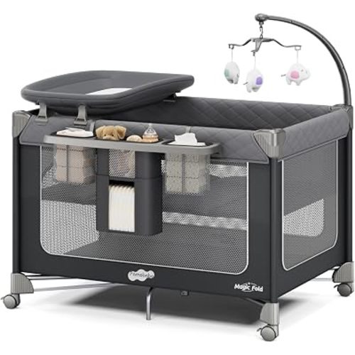 Pamo Babe Pack and Play with Bassinet Magic Fold Playard 1 Step Set Foldable Playpen Baby Playard with Changing Table Portable Playpen Grey