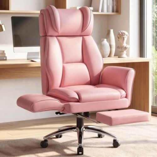 KERDOM Executive Office Chair with Footrest, 450 lbs Big and Tall Leather Desk Chair, Reclining High Back Chair with Flip-Up Arms,Pink