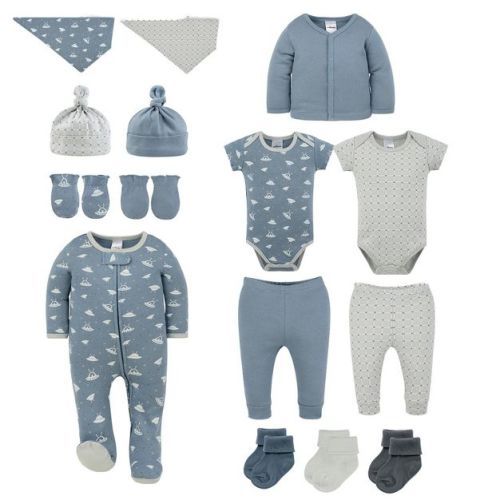 The Peanutshell Baby Boy Layette Gift Set, New Life Baby Clothes with Bibs and Accessories, 0-3 Months, 15 Piece Set