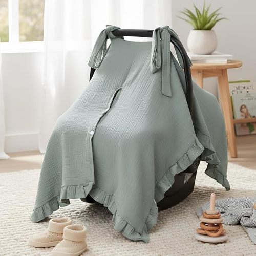 Boao Muslin Baby Car Seat Cover Soft Carseat Cover Universal Fit Stroller Canopy Breathable Infant Car Seat Canopy for Sun Bug and Comfort Protection for Boys and Girls (Classic Patterns,Green)