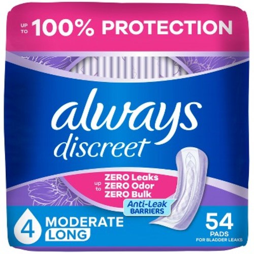 Always Discreet Moderate Long Absorbency 4 Drop Base Pads - 54ct
