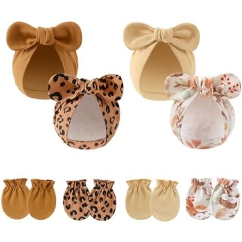 LIDHAY 4PCS Newborn Baby Hospital Hats Beanie Bow Infant Caps Cotton Preemie Hats No Scratch Mittens Set for 0-1 Years Old