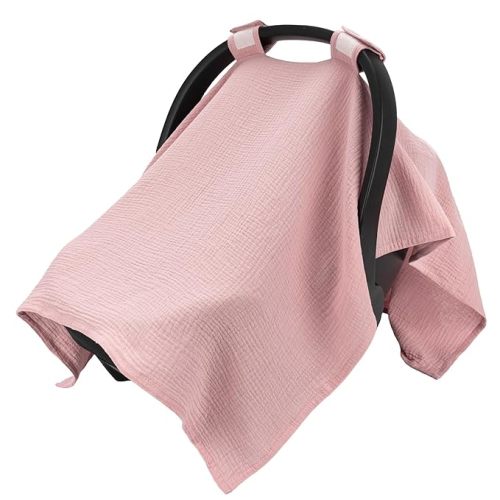 SERAPHY 100% Muslin Cotton Car Seat Cover Baby, Universal Carseat Covers, Breathable Baby Car Seat Canopy for Boys Girls, Soft Infant Car Seat Cover for Summer —Pink