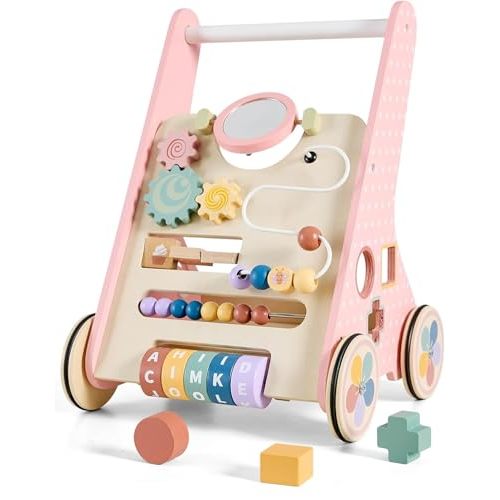 Wooden Baby Walker with Wheels, Montessori Push Walke | Adjustable-speed wooden baby walker with Montessori activities and rubber wheels for safe learning to walk