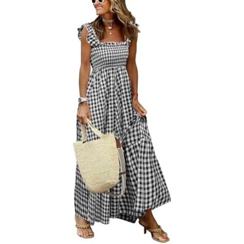 chouyatou Women's Retro Plaid Smocked Dress Spaghetti Strap Flounce Long Dress