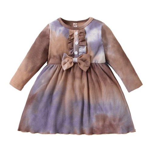 Infant Baby Girl Clothes Baby Girl Dress Long Sleeve Round Neckline Dress Tie-dye Dress Brown 6-9 Months