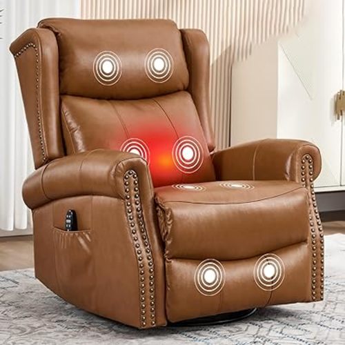 360° Swivel Glider Chair for Nursery, Wingback Genuine Leather Rocking Recliner with Lumbar Heat & Massage, 8-Point Vibration Massage for Living Room Bedroom
