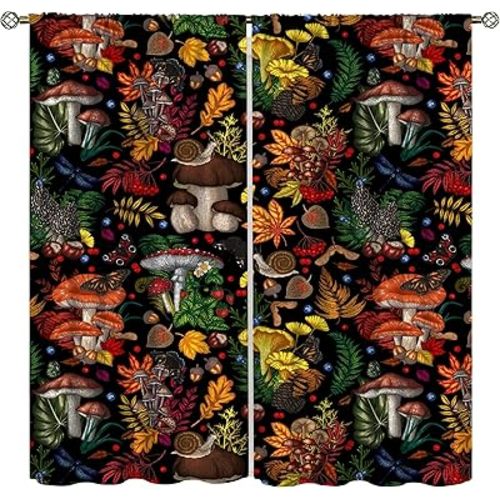 Mushroom Blackout Curtain Colorful Cartoon Abstract Illustration Printed Curtain Herbal Home Decor Seamless Pattern Living Room Bedroom Kitchen Noise Reduction Curtain 42x45 Inch 2 Panels