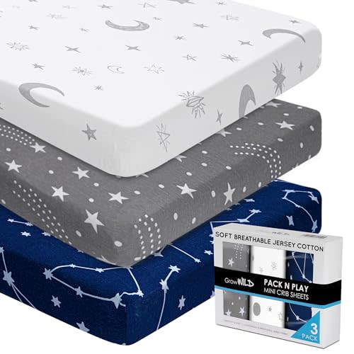 GROW WILD Pack n Play, Mini Crib Sheets 3-Pack | Soft Jersey Sheet Set for Boys or Girls | Playard Mattress, Pack and Play Sheets Fitted | Portable Bassinet Sheet - Stars & Moon Nursery Bedding