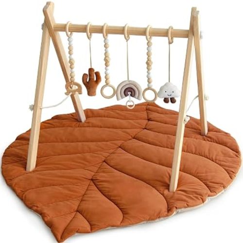 Wooden Baby Play Gym, Leaf Shaped Mat Baby Foldable Gym with 6 Hanging Toys