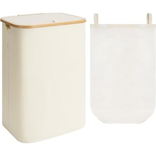 StorageWorks 100L Large Laundry Hamper with Lid, Tall Laundry Basket with Bamboo Handles and 1 Removable Inner Bag, Collapsible Laundry Hamper for Clothing, Towels, Beige, 1-Pack