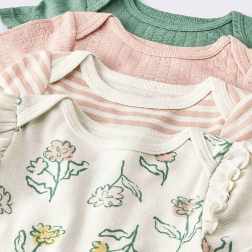 Baby Girls' 4pk Floral Short Sleeve Pointelle Bodysuit - Cloud Island™ Cream 6-9M